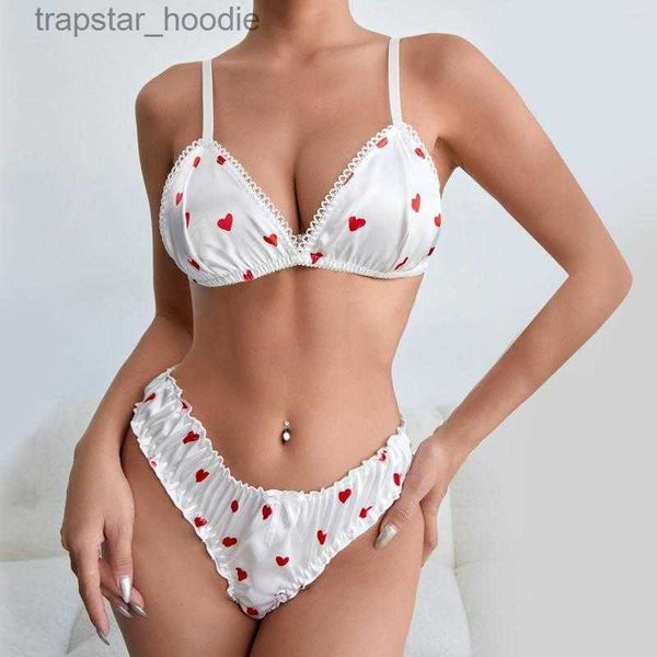 Sutiãs conjuntos de sutiãs conjuntos de lingerie sensual para mulheres bowknot sexy fio livre sutiã e calcinha erótica laço coração padrão ruched bonito roupa interior l230919