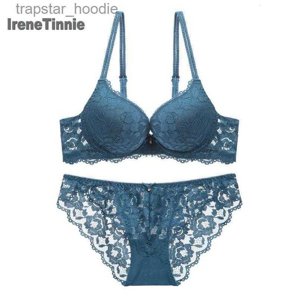 Conjuntos de sutiãs Conjuntos de sutiãs IRENE TINNIE Sexy Lace Lingerie Set Mulheres Push Up Três Quartos Cup Dessous Hollow Out Ajustável Deve Sutiã Alta Elástico Thong L230919