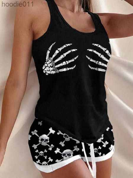 Damen-Nachtwäsche, süße Pyjamas für Damen, Shorts-Set, Halloween-Skelett-Hand-Tanktop und Totenkopf-Shorts, Pyjama-Set, kurzärmelige Oberteile und Shorts, Pyjama-Set L230919