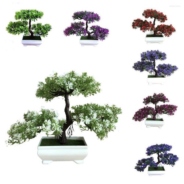 Flores decorativas ganoderma árvore lótus pinho simulação planta flor bonsai conjunto pequeno vaso verde decoração de casa mesa superior decoração c