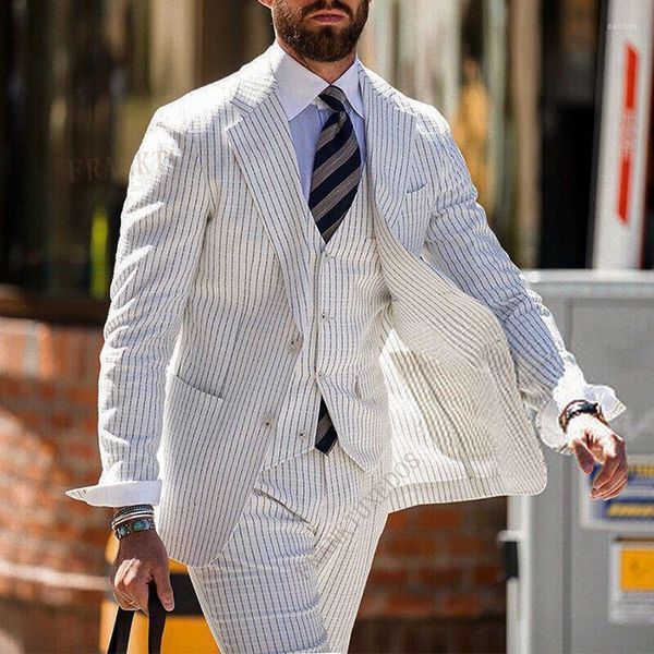 Abiti da uomo 2023 Uomo Lana gessato 3 pezzi Tweed bianco Vintage a righe Risvolto Due bottoni Smoking Slim