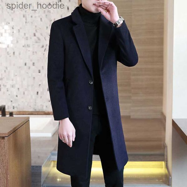 Мужская полушерстяная смесь, однотонное пальто, длинная толстая теплая куртка, зимняя куртка, мужская шерстяная ветровка, корейская тонкая Abrigo Largo Hombre S-4XL L230919