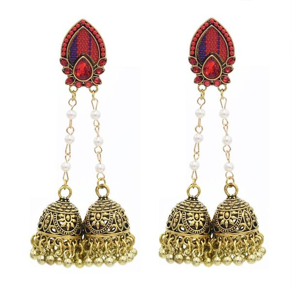 Gold-Jhumki-Jhumka-Ohrringe im indischen Stil mit Doppelglocken-Perlen-Imitationsperlen-Quasten-Ohrhängern für Damen, Charm-Schmuck236x