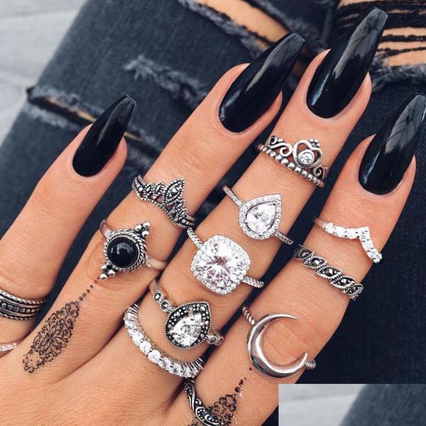 Cluster-Ringe Update Ancient Sier Knuckle Ring Set Diamant Mond Krone Herz Stapeln Midi Mode Frauen Schmuck Drop Lieferung Dhz1R