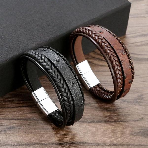 Link pulseiras sgman na moda pulseira masculina punk multicamadas pulseiras de couro de aço inoxidável fivela magnética rebite corda handwave jóias