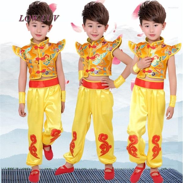 Palco desgaste trajes de desempenho das crianças vento chinês artes marciais roupas jardim de infância tambores vestido de dança