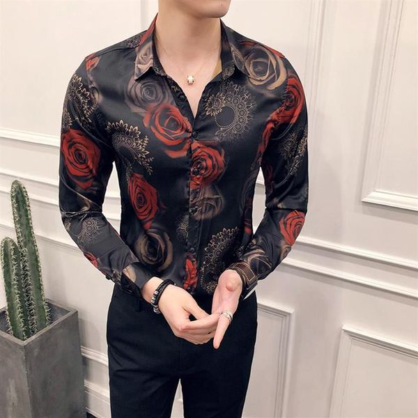 2018 rosa impressão floral camisa masculina fino ajuste havaiano camisa de manga longa flor fino ajuste pron clube party1224o