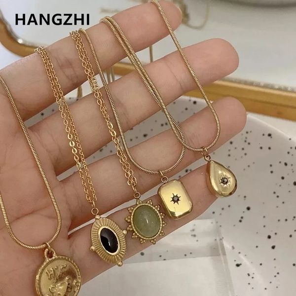 Ожерелья с подвеской HangZhi, корейское винтажное ожерелье с каплей воды, звездой, круглым медведем, овальное ожерелье, геометрическое золотого цвета, стальные украшения 230915
