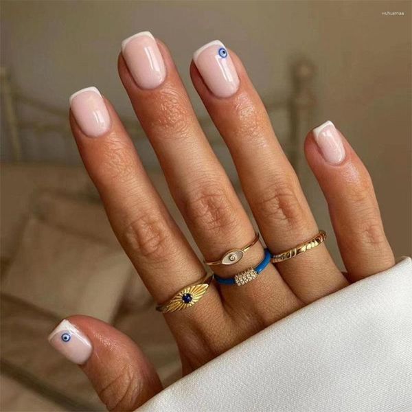 Unhas Falsas 24 Pçs / Set Ponta Francesa Pressione com Padrão de Olho Demônio Cobertura Completa Branco Ins Estilo Simples Falso Manicure Curta