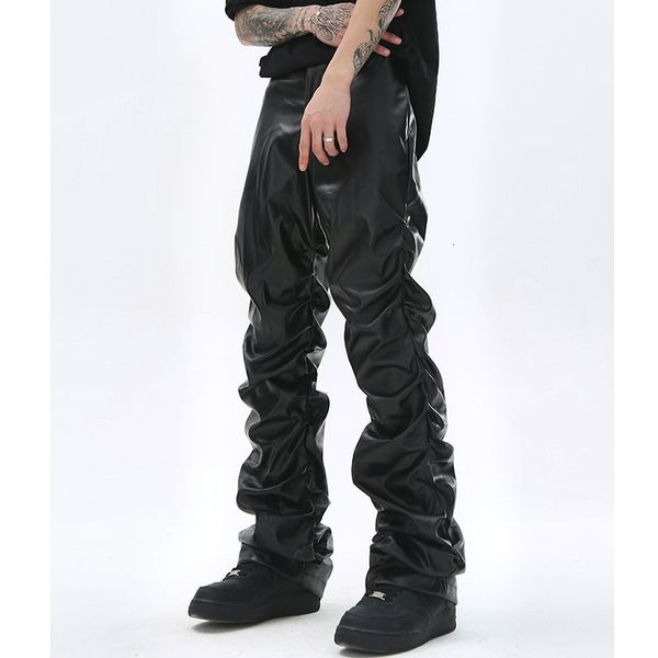 Calças masculinas hip hop mens plissado pu calças de couro harajuku retro streetwear solto ruched calças casuais em linha reta cor sólida calças pretas 230918