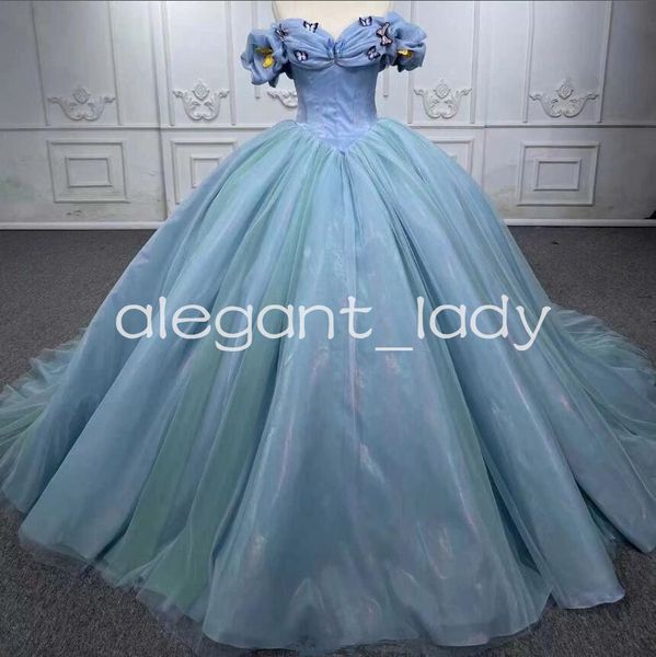 Cenerentola Cielo Blu Abiti Quinceanera 3D Farfalla Off Spalla Lace-up Corsetto vestido de debutante para 15 anos principesa