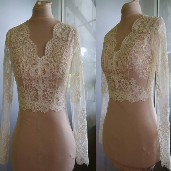 Alta qualità maniche lunghe da sposa Bolero Giacca in pizzo avorio scollo a V Custom Made Sheer Wedding Wraps Coprispalle Bottoni Indietro Stola da sposa294K