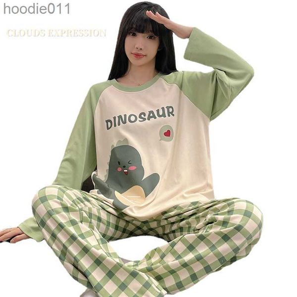 Damen-Nachtwäsche Frühling Herbst Knttted Damen-Pyjama-Sets Teen Funny Pjs Cartoon-Dinosaurier-Nachtwäsche Homewear Mädchen Pijamas Mujer Pyjama Fashion L230919