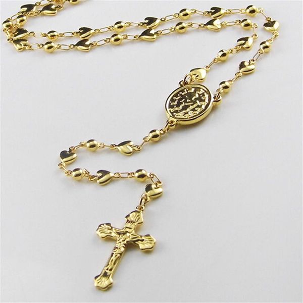 Stile dolce 5 mm Regalo per donne e ragazze Collana con rosario in oro Acciaio inossidabile Religioso Jusus Croce Perline Cuori Crucifix283j