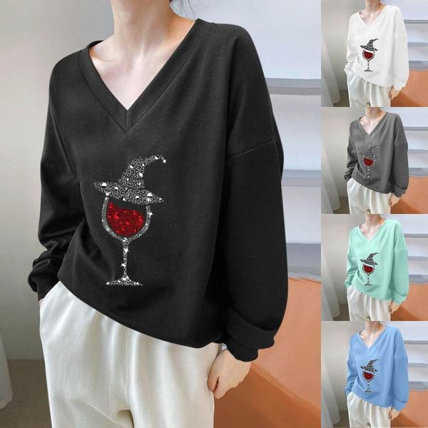 Ethnische Kleidung Damen Halloween Weinglas Print Pullover V-Ausschnitt Dünn Sweatshirt Langarm Tops Shirt Tunika