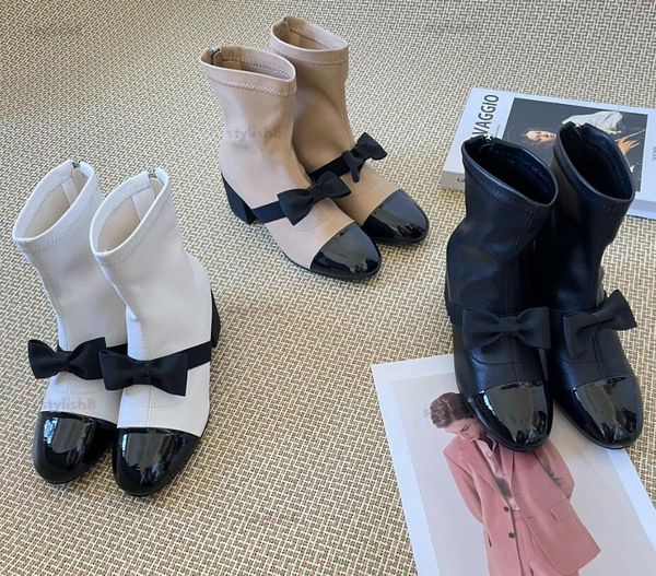 Designer-Luxus-Damen-Martin-Stiefel, Strick-Bowknot-Stiefel, Schwarz-Weiß-Aprikosen-Stiefeletten mit mittelhohem Absatz