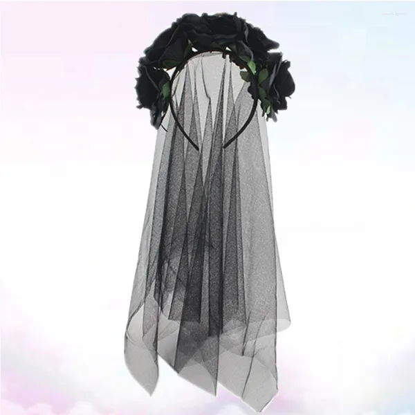 Véus de noiva rosa flor bandana noiva véu preto com flores vestido extravagante acessório dia dos mortos maquiagem para festival carnaval