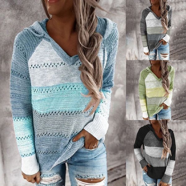 Женские свитера размера плюс 5XL, осенне-зимний пуловер, модный лоскутный вязаный свитер с длинными рукавами, топ, вязаный крючком, с полым капюшоном 230918