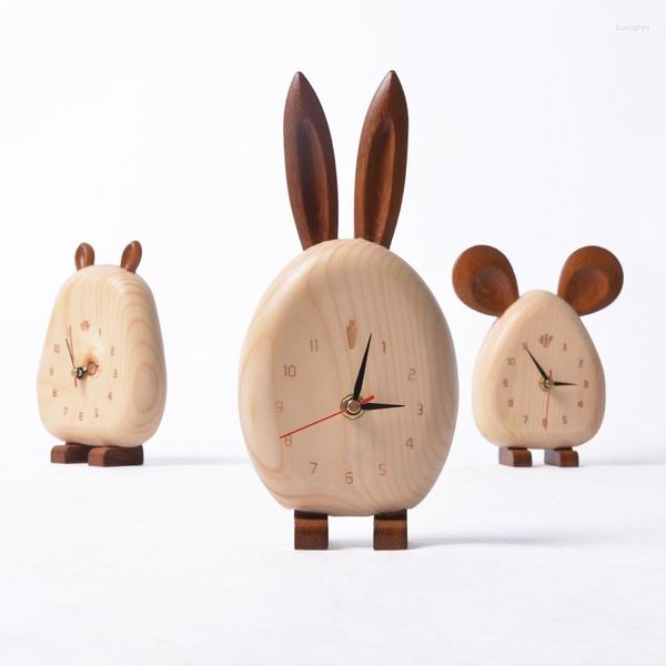 Orologi da tavolo Creativo pastorale Piccolo orologio in legno fresco Orecchie lunghe Mouse Ippopotamo Modellazione di animali Desktop