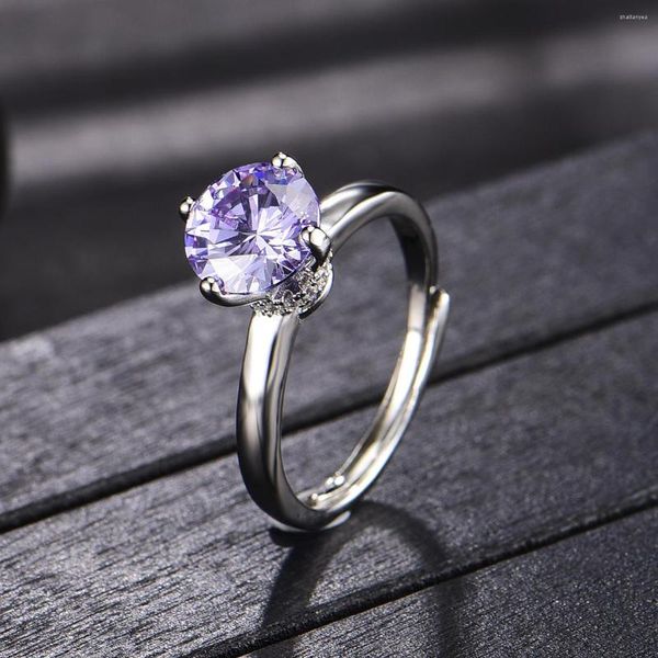 Cluster Anéis Oito Corações e Flechas Banhadas com PT950 Imitação Azul-violeta Cor Mudando Diamante Anel Aberto Feminino