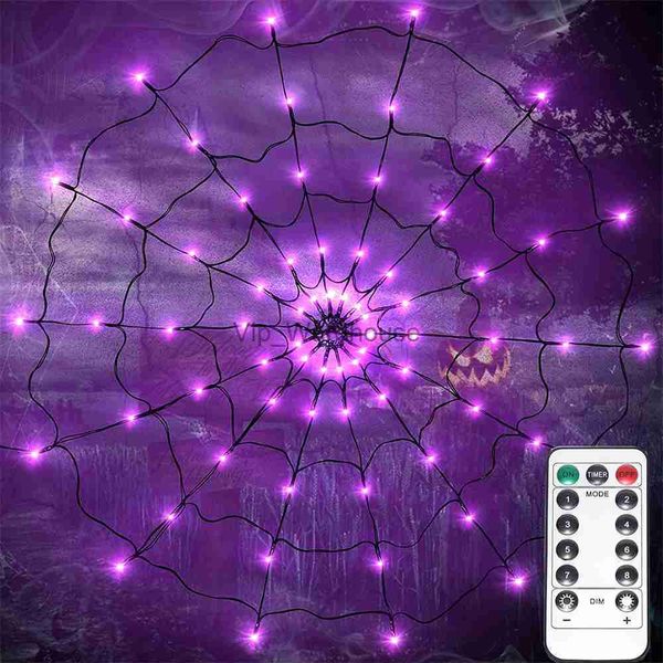 Stringhe LED Party Halloween Spider Web Luci LED Cortile esterno Giardino Spider Fear Puntelli Decorativo Stringa viola con telecomando HKD230919