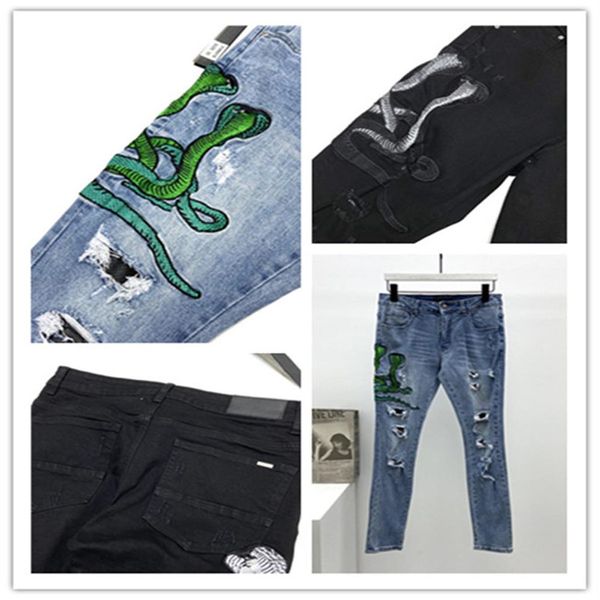 Mens Designer Blu Nero Jeans SnakeS Patch Stile Foro Moda Gamba sottile Motociclista Causale Hip Hop Alta qualità Taglia USA 29-40264p