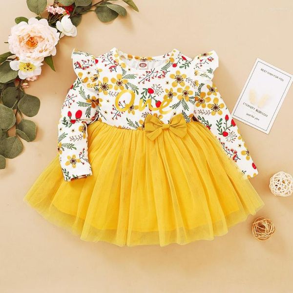 Abiti da ragazza per bambini Abito da principessa per bambini Manica lunga Tulle giallo Patchwork Altalena Costumi per feste