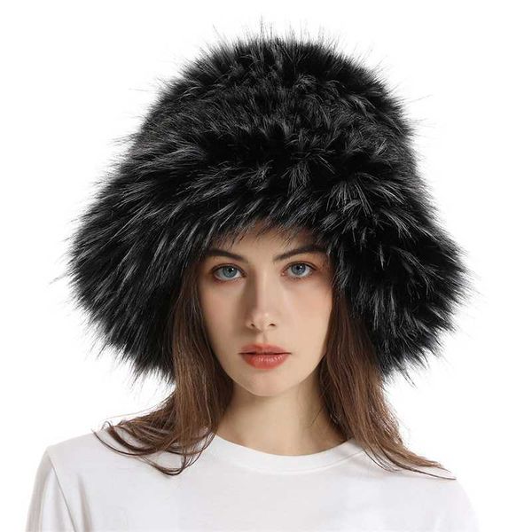 Big Faux Fell Fluffy Eimer Hut für Frauen Luxus Plüsch Winter verdicken Schnee übergroße weiche Panama Cap 230920