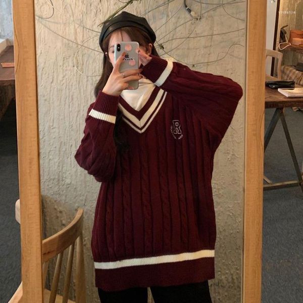 Damenpullover Preppy Vintage Rot V-Ausschnitt Pullover Frauen Koreanischer Stil Oversize Schwarz Basic Strickpullover Weibliche Schule Mädchen Top Winter