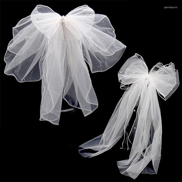 Véus de noiva branco véu de casamento pérolas bowknot para mulheres fio de malha artesanal noiva headdress jóias grampo de cabelo