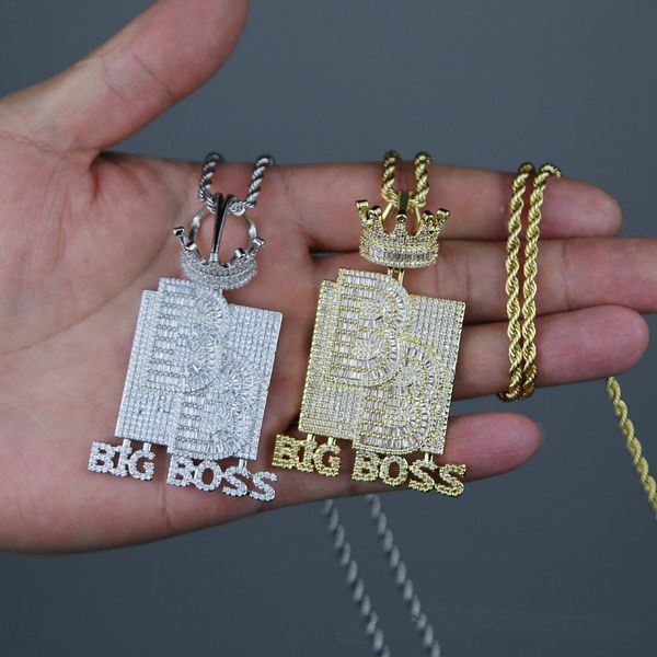 Collana con ciondolo con lettera da uomo Rame Oro Argento ghiacciato con diamanti pieni BIG BOSS Collana Hip Hop Gioielli bling