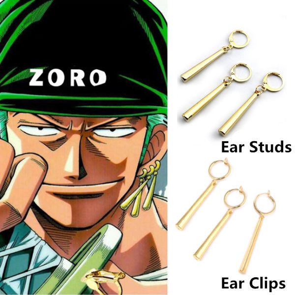 Hoop Huggie Kiss Jóias Unissex 3 Pçsset Zoro Cosplay Brincos Prop para Mulheres Homens Longa Coluna Pingente Brincos Clipe de Orelha Amigos Presente 230919