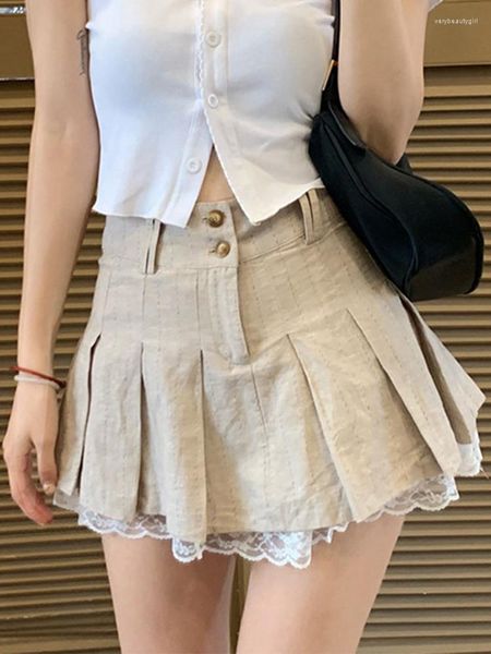 Saias 2023 estilo coreano moda cáqui saia curta laço guarnição bonito plissado mulheres preppy botões até cintura alta verão