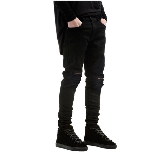 Nova marca de moda masculina jeans preto magro rasgado estiramento fino hip hop swag denim motocicleta motociclista calças jogger292d