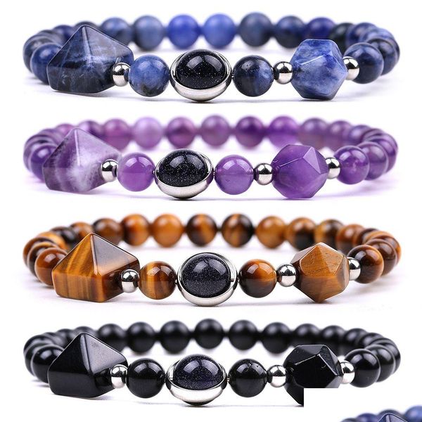 Frisado Pirâmide Facetada Pedra Strand Pulseira Semi-Preciosa Ametista Rosa Quartzo Tigre Olho Yoga Obsidian Sodalite Pulseiras Moda Dro Dhtzp