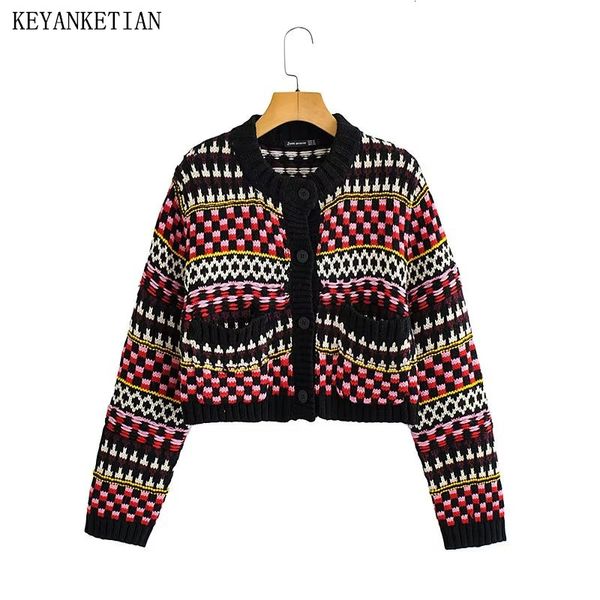 Mulheres Knits Tees S KEYANKETIAN Outono e Inverno Vintage Jacquard Malha Cardigan Étnico Retro Colorido Curto Camisola Jaqueta Mulheres Top 230918