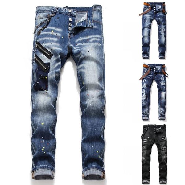 2020 Mens Distressed Strappi Stretch Nero Blu Jeans Moda Slim Fit lavato Pantaloni da moto in denim con pannelli Pantaloni Hip HOP T1059290n