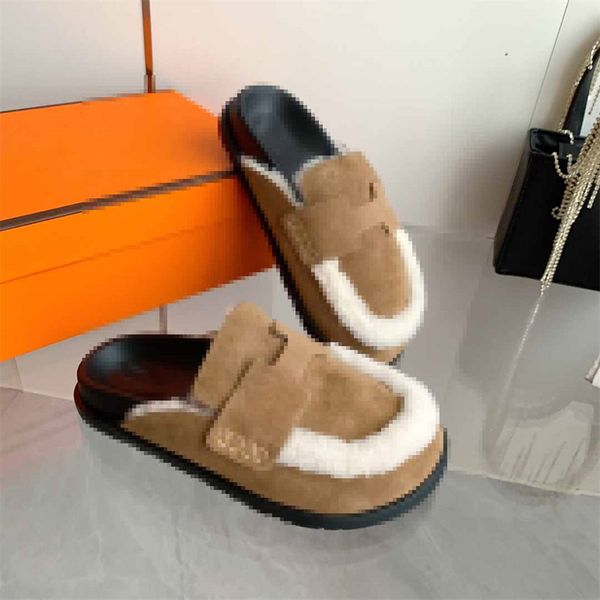 Tasarımcı Lüks Bayan Terlik Ayakkabı Scuffs Oran Shearling Fluffy Düz Sandalet Tam Cilt Yün Kadınlar Siyah 231215