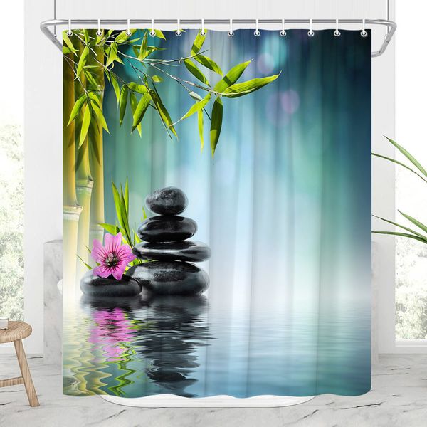 Cortinas de chuveiro Zen Cortinas de chuveiro Budismo Buda Lotus Paisagem Cortinas de chuveiro Zen Pedra Verde Bambu Flores Plantas Cenário Decoração de banheiro 230920