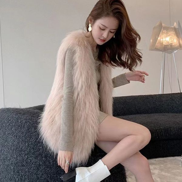 Womens Fur Faux Fur outono e inverno colete de pele de guaxinim feminino longo estilo estrangeiro colete de cabelo feminino desgaste jovem casaco 230920