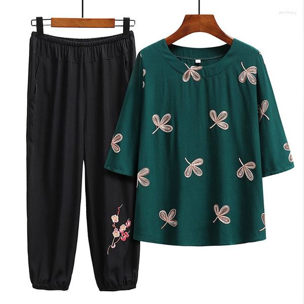 Pantaloni a due pezzi da donna Casual Primavera Autunno Anziani di mezza età Madre T-shirt Abito con pantaloni Ricamo Set di pezzi di lino in cotone sciolto da donna