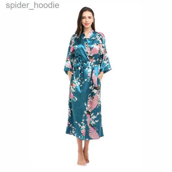 Kadın Uyku Salonu Kadınlar İpek Satin Kimono Cüppes Uzun Pijama Soyunma Elbisesi Çiçek Tavuskuşu Baskılı Desen Partisi Düğün Nedime Boşluk L230920
