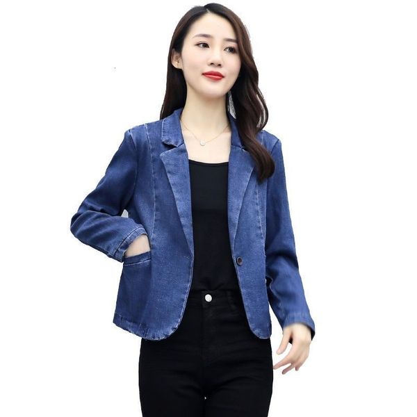 Ternos femininos blazers primavera estilo curto azul denim blazer senhoras de manga comprida um botão jeans jaquetas para mulher 230920