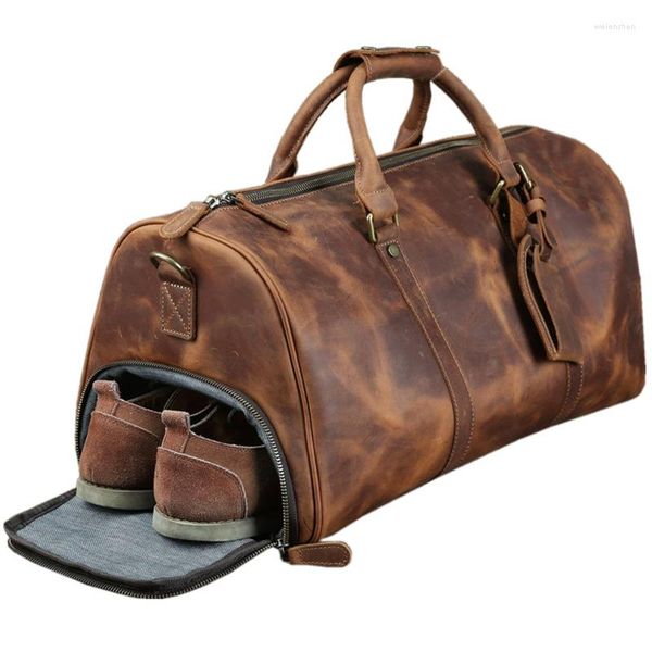 Duffel Bags Highend Grande Grande Vintage Marrom Café Grosso Genuíno Crazy Horse Couro Negócios Homens Saco de Viagem Ginásio Duffle Bagagem M218