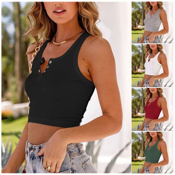 Tanques femininos 2023 verão sem mangas curto tanque superior casual moda com decote em v cor sólida nua sexy racerback simples rua