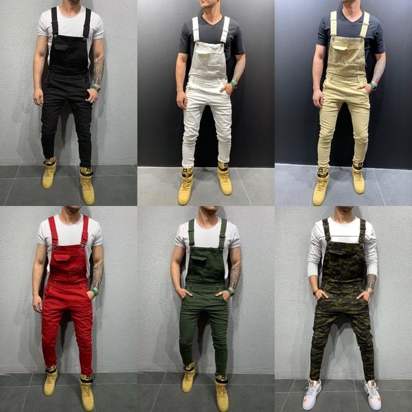 Jeans masculinos 6 cores moda homens cáqui vermelho exército verde branco denim bib macacão s-xxxl macacões hip hop jeans moto biker calças calças 230920
