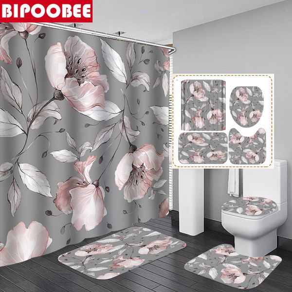 Cortinas de chuveiro rosa Big Flower Print Curtain de estilo europeu Cortagens de banheiro à prova d'água Decoração em casa Rug-tapetes de banheira de tapete de banho 230920