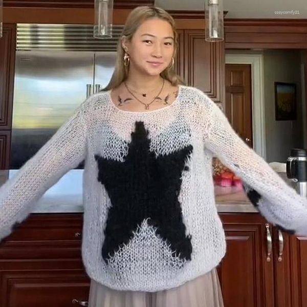 Kadın Sweaters Sweater Pentagram Deseni Boş Out Uzun Kollu Tops 2000S Estetik Kadınlar Tığ Örgüsü Y2K Peri Grunge Giysileri