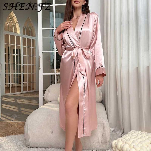 Feminino sleep lounge pijama feminino longo vestido de seda gelo verão fino camisola elegante simples loungewear feminino sexy cardigan roupão l230920