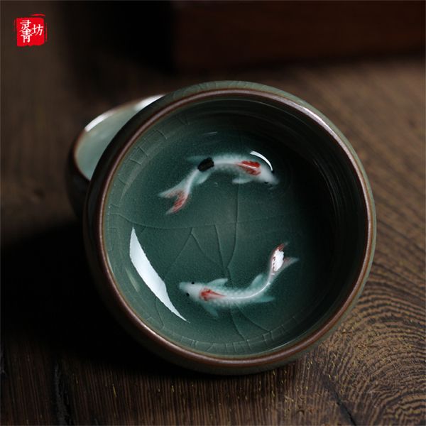 Tazze da tè Longquan Celadon Porcellana Tazze da tè Teiera cinese Pesce d'oro Tazza da tè Ciotola 60ml Crackle Set da tè Tazze Goccia 230919